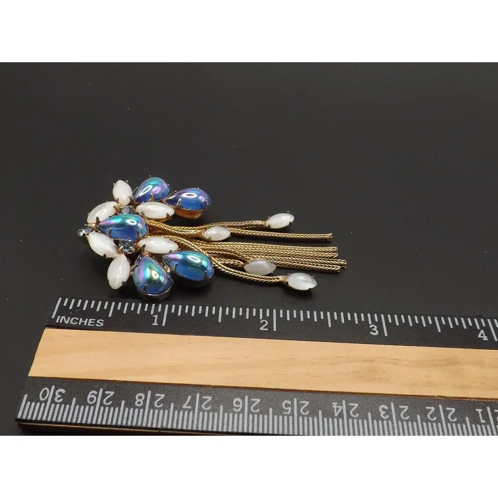 Iridescent Blue Gold Plated Fringe Brooch, White Art Glass Stones, 1960s Vintage